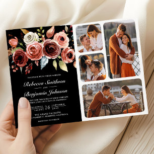 Terracotta Watercolor Floral QR Code Black Wedding Invitation