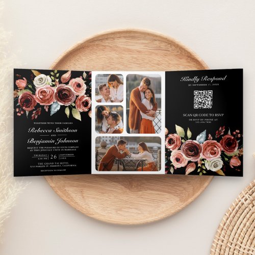 Terracotta Watercolor Floral QR Code Black Wedding Tri_Fold Invitation