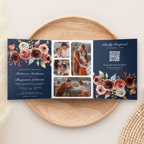 Terracotta Watercolor Floral QR Code Navy Wedding Tri_Fold Invitation