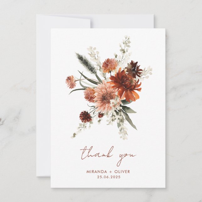 Terracotta Watercolor Floral Wedding Thank You (Front)