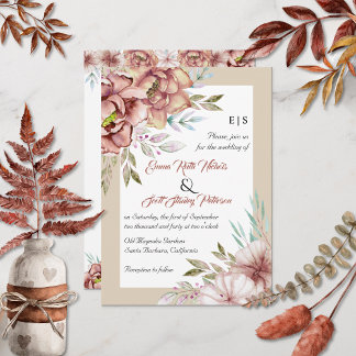 Terracotta watercolor flowers floral beige wedding invitation