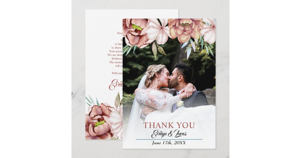 Terracotta watercolor flowers floral fall wedding thank you card | Zazzle