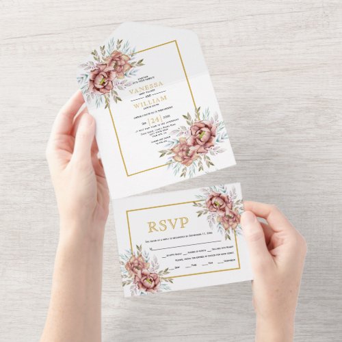 Terracotta watercolor flowers gold fall wedding all in one invitation