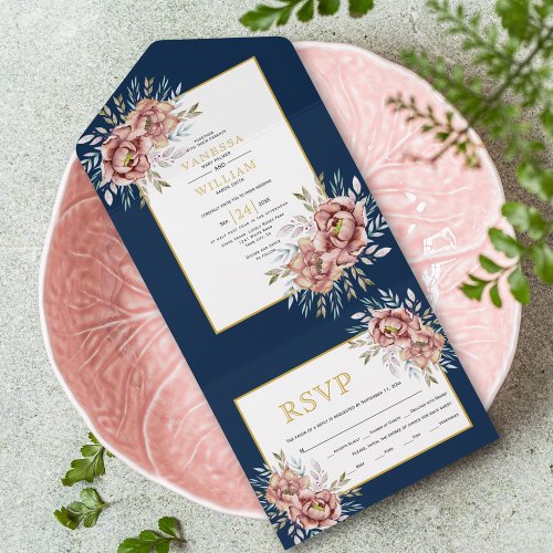 Terracotta watercolor flowers gold navy wedding all in one invitation