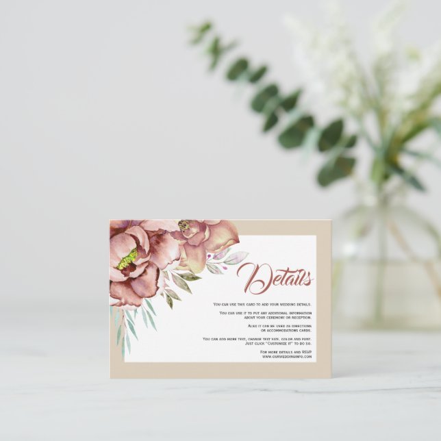 Terracotta watercolor flowers wedding details enclosure card (Standing Front)