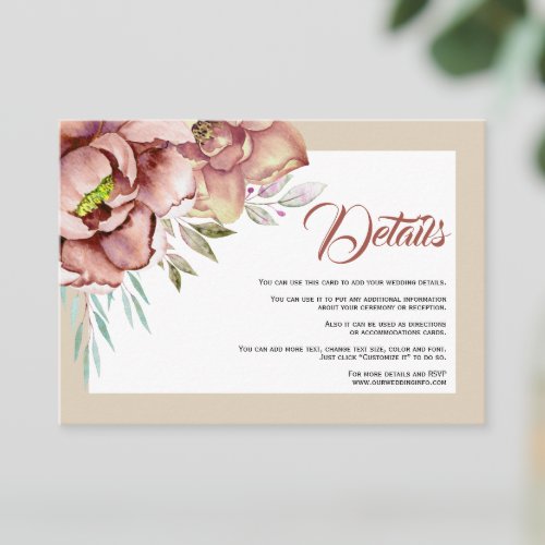 Terracotta watercolor flowers wedding details enclosure card