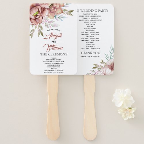 Terracotta watercolor flowers wedding program hand fan