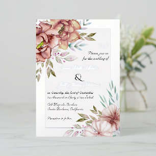 Terracotta watercolor flowers wedding silver foil invitation