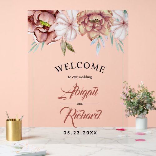 Terracotta  watercolor flowers wedding WELCOME Acrylic Sign