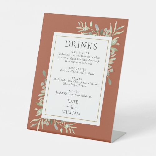 Terracotta Watercolor Greenery Wedding Drinks Menu Pedestal Sign