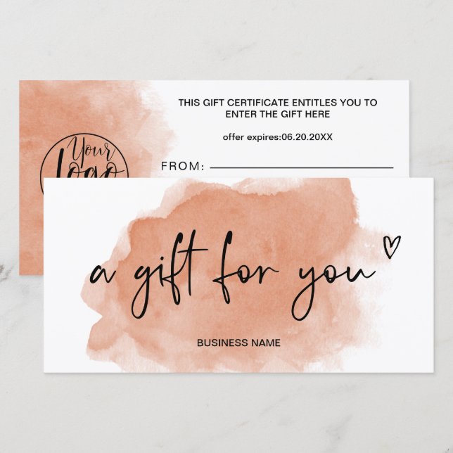 Terracotta watercolor heart logo gift certificate (Front/Back)