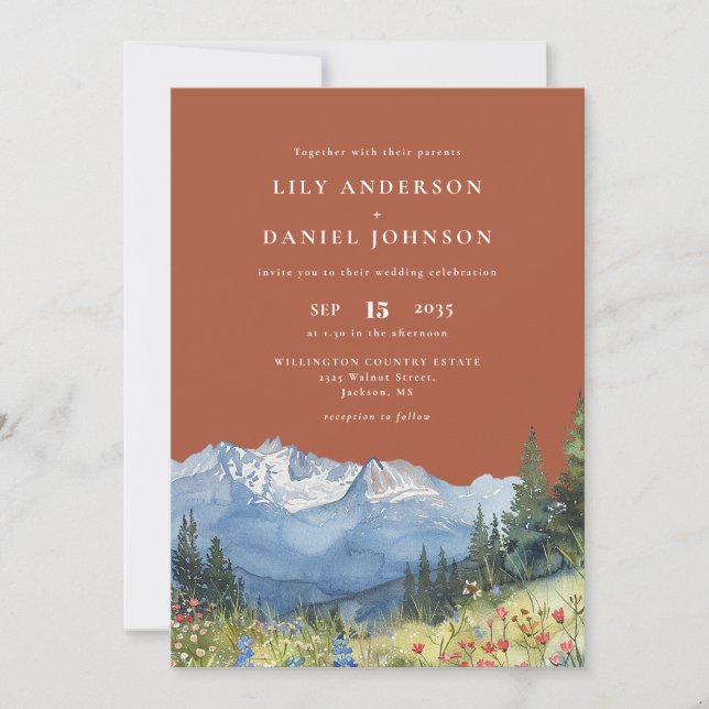 Terracotta Watercolor Mountain QR Code Wedding Invitation (Front)