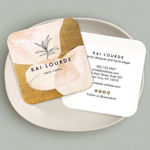 Terracotta Watercolor  Plant Leaves  Gold  Square Business Card