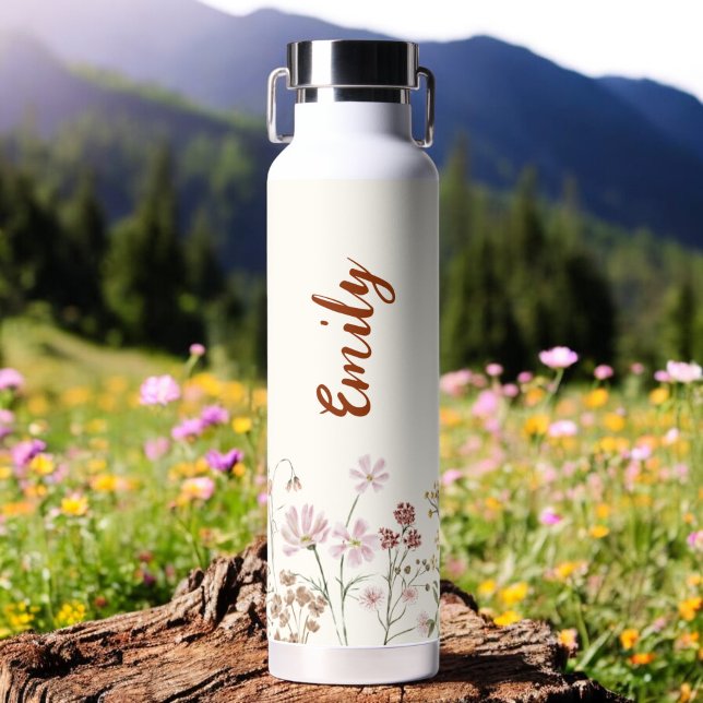Terracotta Watercolor Wildflower Garden Monogram  Water Bottle (Creator Uploaded)