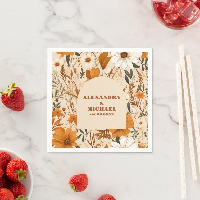 Terracotta Watercolor Wildflowers Wedding Napkins (Insitu)