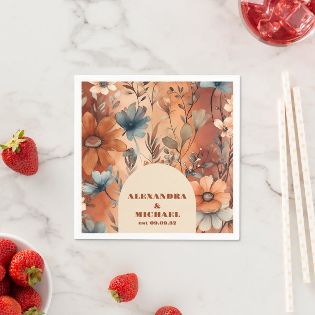Terracotta Watercolor Wildflowers Wedding Napkins (Insitu)
