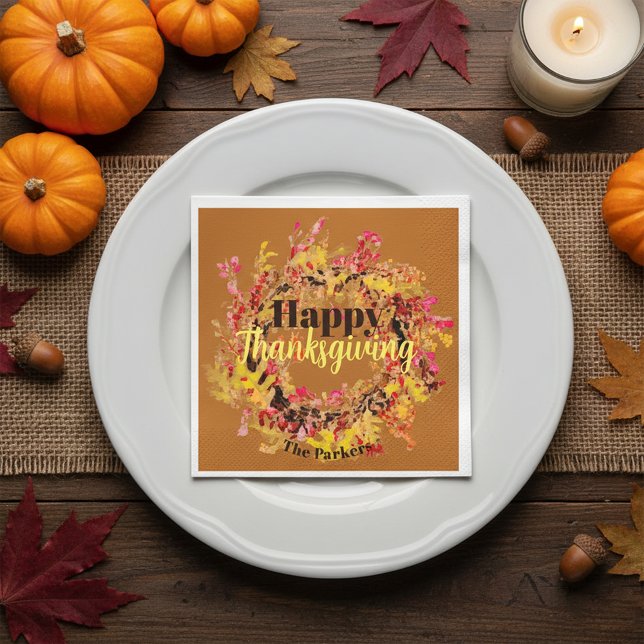 Terracotta Watercolor Wreath Family Thanksgiving Napkins (Creator Uploaded)