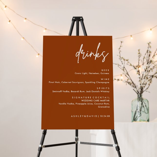 Terracotta Wedding Drinks Bar Menu Foam Board (In Situ (Stand))