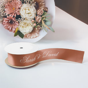 Terracotta Wedding Elegant White Calligraphy Brown Satin Ribbon