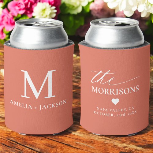 Terracotta Wedding Favor Monogram Name Heart Can Cooler