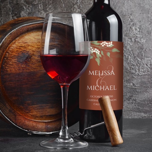 Terracotta Wedding Greenery Personalized  Wine Label (Terracotta elegant greenery calligraphy ampersand wine bottle label.)