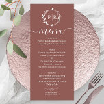 Terracotta Wedding Menu Card<br><div class="desc">A simple chic foliage faux foil monogram terracotta wedding menu card. Easy to personalize with your details. Modern boho wedding menu card editable, wreaths photo wedding invitation, customizable, calligraphy handwritten font, simple, elegant. CUSTOMIZATION: If you need design customization, please contact me through chat; if you need information about your order,...</div>