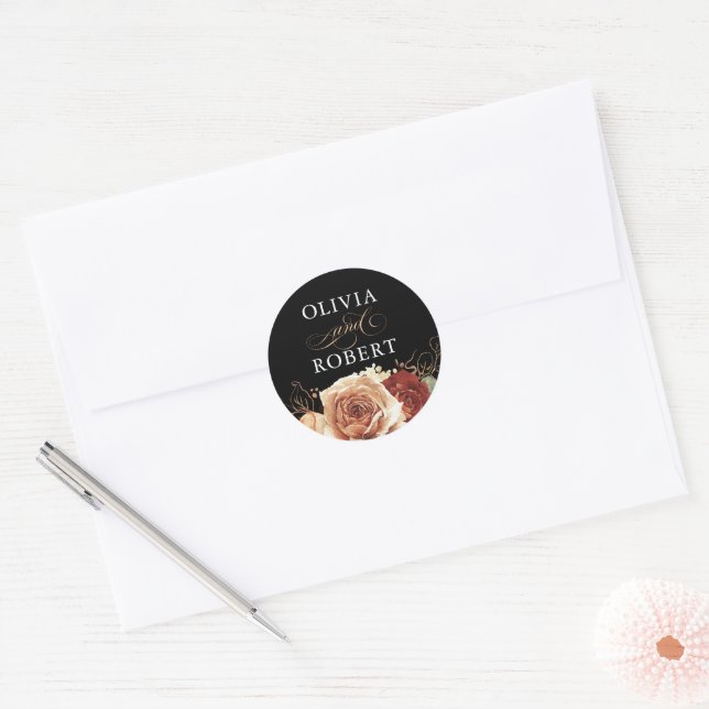 Terracotta Wedding Modern Floral Boho Black Classic Round Sticker (Envelope)