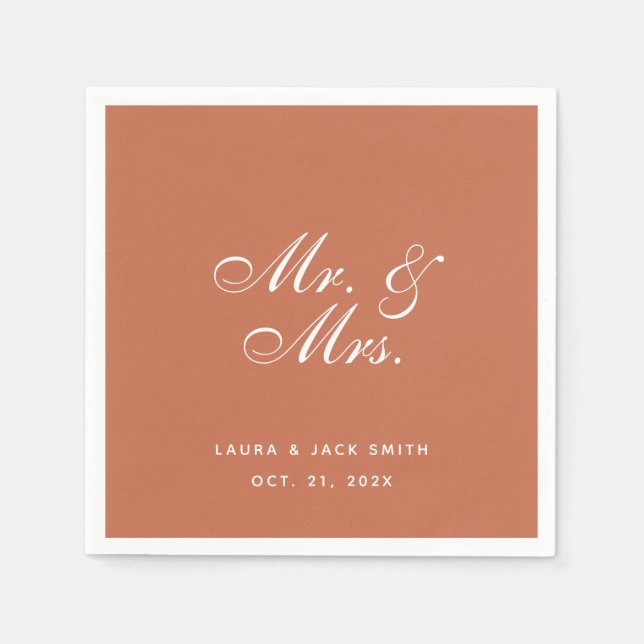 Terracotta Wedding Mr. and Mrs. Brown White Script Napkins (Front)