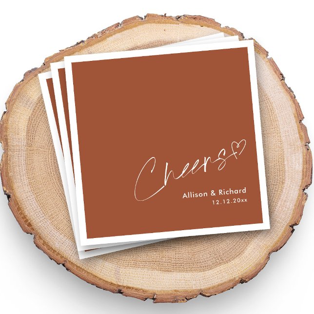 Terracotta Wedding Napkins | Minimalist Cheers (Personalized Modern Minimalist Script Cheers Terracotta Wedding Napkins)