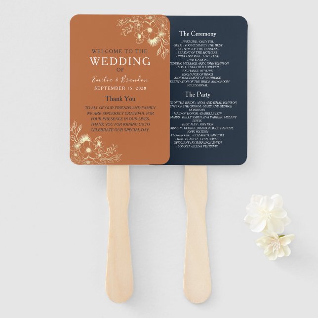Terracotta Wedding Program Hand Fan (Front and Back)