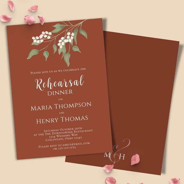 Terracotta Wedding Rehearsal Dinner Floral Invitation (Terracotta floral greenery rehearsal dinner invitation with white floral accents. )