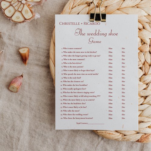 Terracotta wedding shoe game bridal shower game announcement