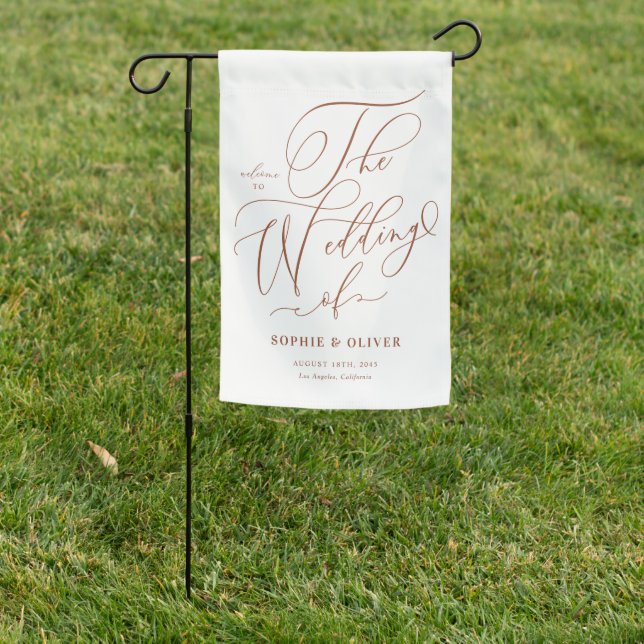 Terracotta Whimsical Calligraphy Wedding Welcome Garden Flag (In SItu)