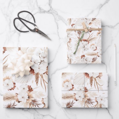 Terracotta White and Ivory Flowers Boho Botanical Wrapping Paper Sheets