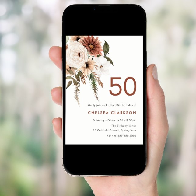 Terracotta & White Boho Floral 50th Birthday Party Invitation (Front Digital)