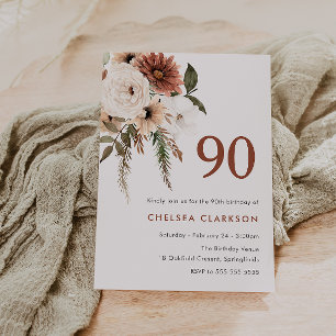 Terracotta & White Boho Floral 90th Birthday Party Invitation