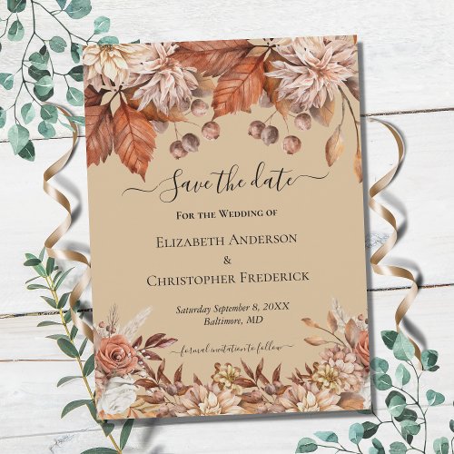 Terracotta White Brown Floral Elegant Boho Wedding Save The Date