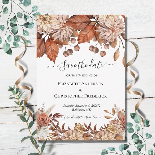 Terracotta White Brown Floral Elegant Boho Wedding Save The Date