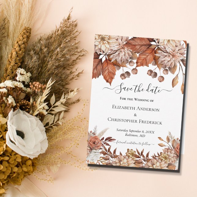 Terracotta White Brown Floral QR Code Boho Wedding Save The Date (Creator Uploaded)