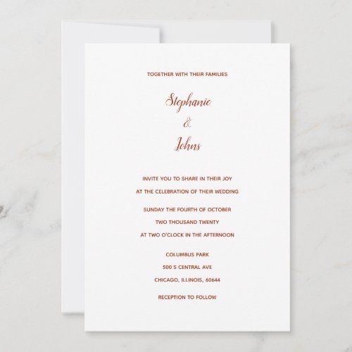 Terracotta White Classic Simple Minimal Wedding Invitation
