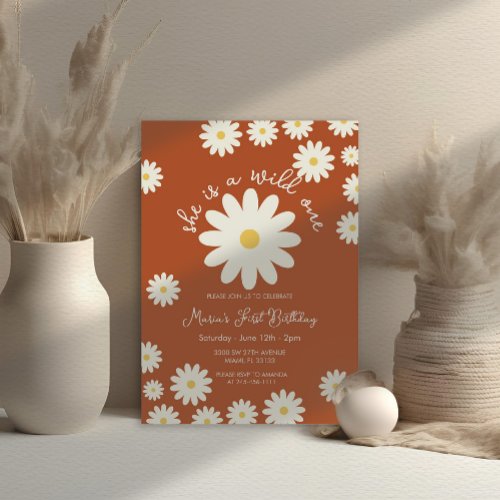 Terracotta White Daisy She is a Wild ONE Birthday  Invitation