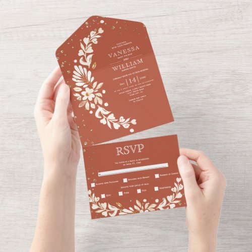 Terracotta white floral garland hearts wedding all in one invitation