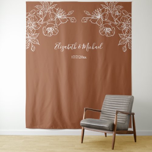 Terracotta White Floral Line Art  Custom Wedding Tapestry