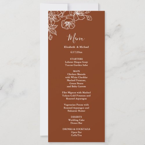 Terracotta White Floral Line Art Wedding Menu  Invitation