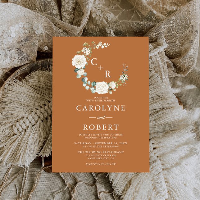 Terracotta & White Floral Monogram Wreath Wedding Invitation (Creator Uploaded)