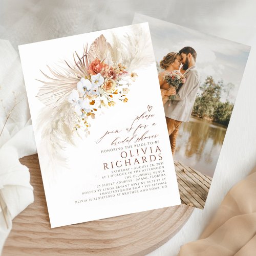 Terracotta White Flowers Boho Bridal Shower Photo Invitation