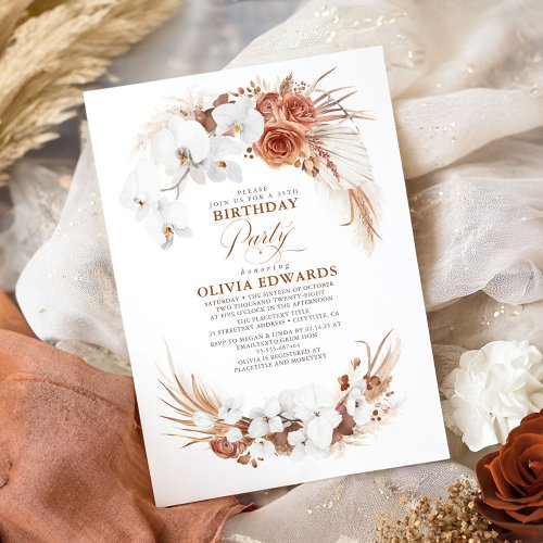 Terracotta White Flowers Boho Chic Birthday Party Invitation