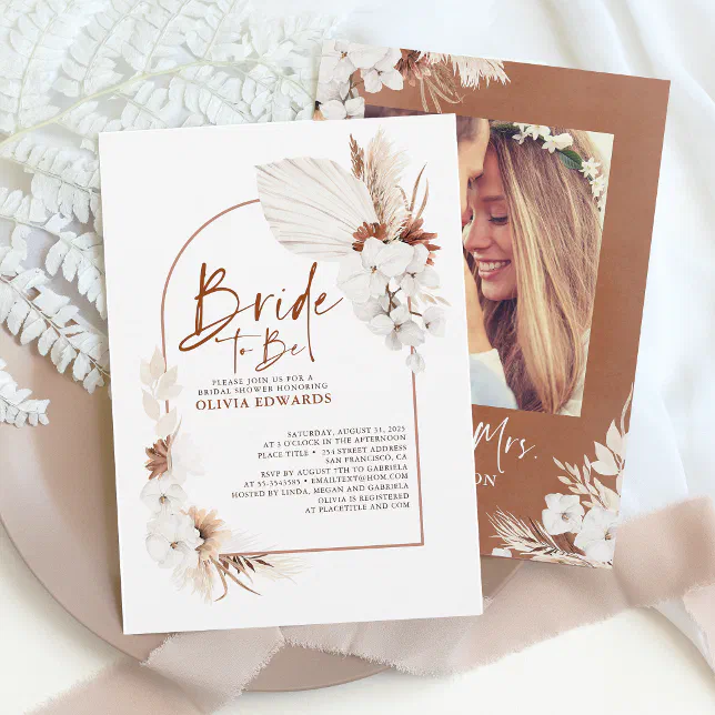 Terracotta White Flowers Boho Photo Bridal Shower Invitation | Zazzle