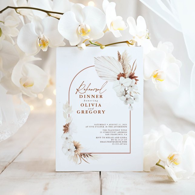Terracotta White Flowers Boho Rehearsal Dinner Invitation (White Orchids Terracotta Rehearsal Dinner Invitations)