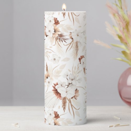 Terracotta White Flowers Elegant Botanical Boho Pillar Candle